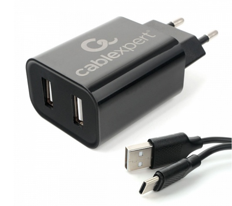 Универсальное СЗУ Cablexpert MP3A-PC-37 (12Вт, 2 USB, 2.4А, кабель Type-C 1м), черный