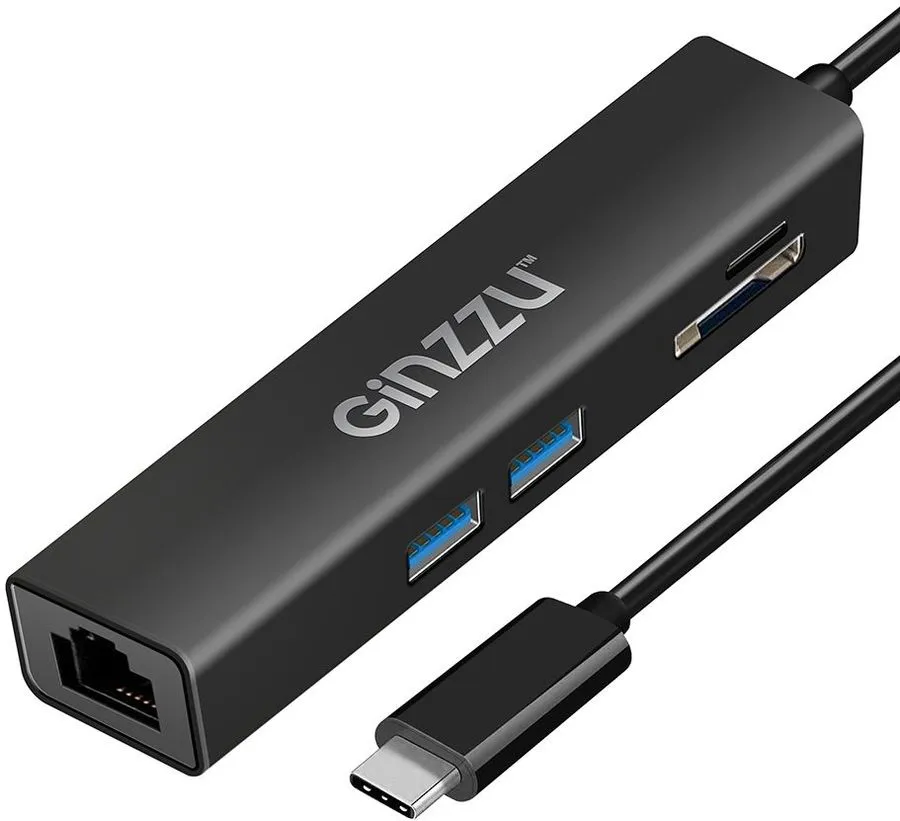 Картридер внешний Ginzzu GR-568UB, Type-C и USB Концентратор (2xUSB 3.0 + Сетевой порт RJ45)