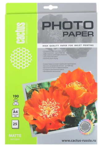 Фотобумага Cactus А4 Матовая 190г/м2 25л (CS-MA419025)
