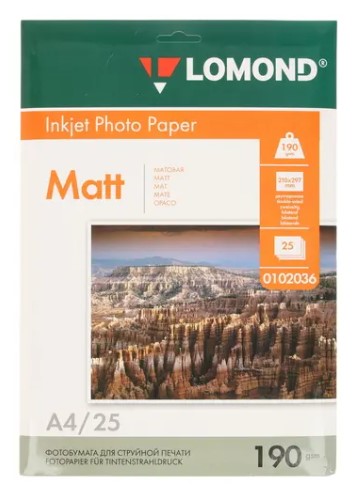 Фотобумага Lomond А4 Матовая (0102036) 190g/m 25л 210х297мм