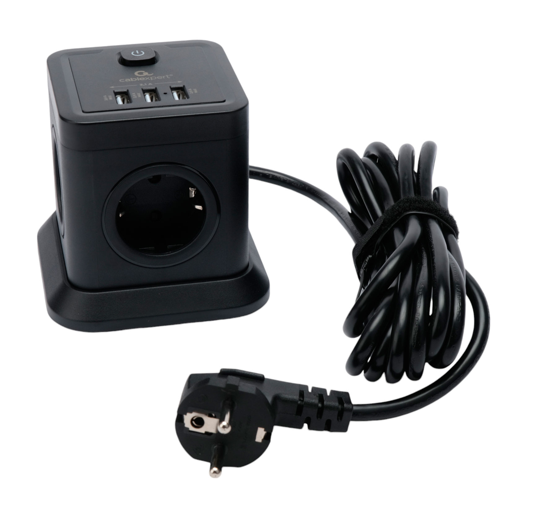 Сетевой фильтр Cablexpert TWR-4-U3-B-3, 3м, 4 розетки, 3xUSB 2.0, 10A, черный