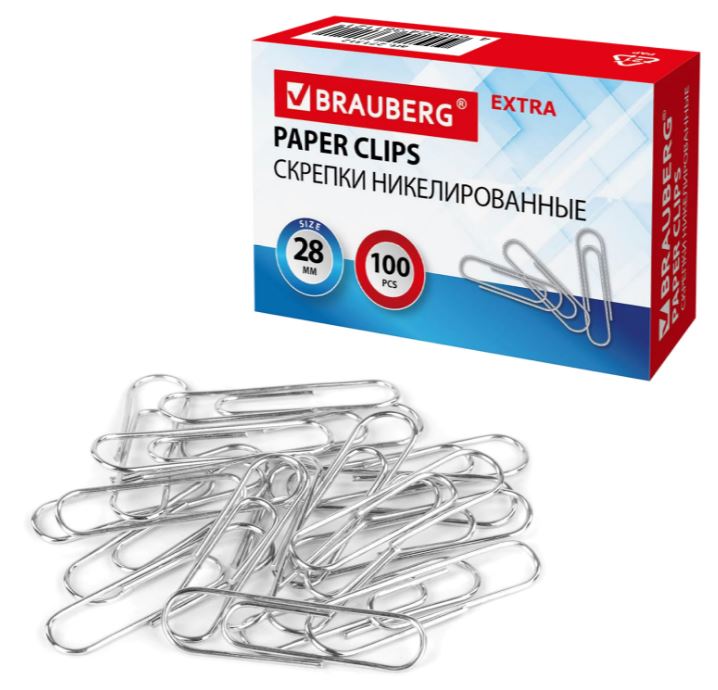 Скрепки EXTRA BRAUBERG 28 мм никелированные 100 штук, 271312