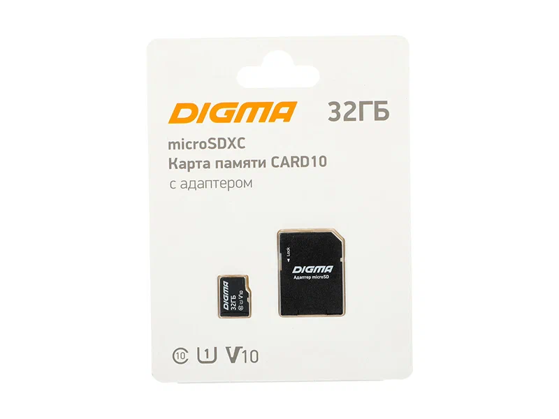 Карта памяти MicroSDHC UHS-I Card 32Gb Digma CARD10 (DGFCA032A01) (c адаптером)