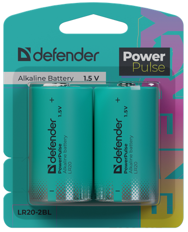 Батарейка Defender алкалиновая LR20-2BL D, в блистере 2шт