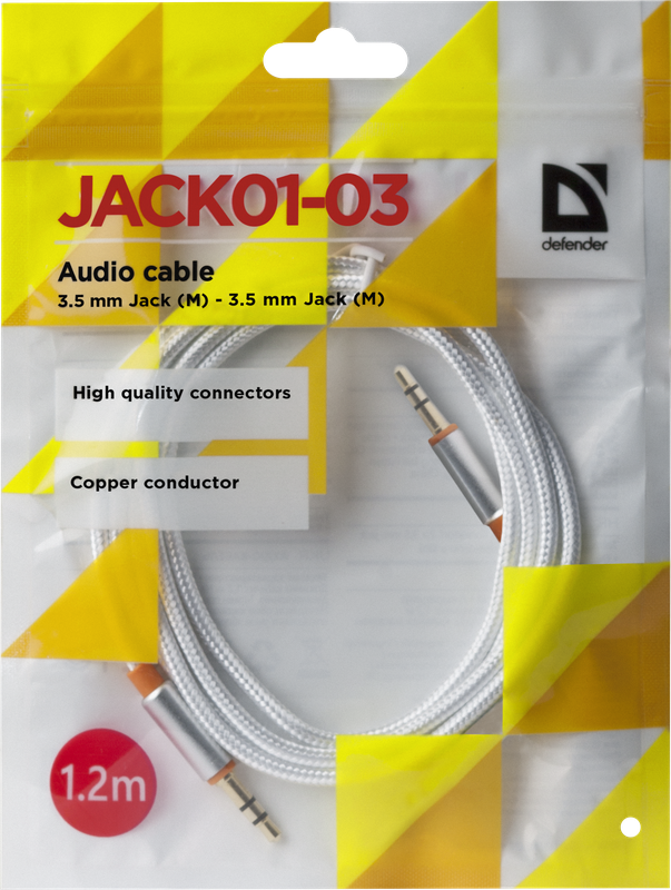 Кабель Audio AUX 3.5мм/3.5мм Male-Male 1.2м Defender JACK01-03, белый (Соединительный)