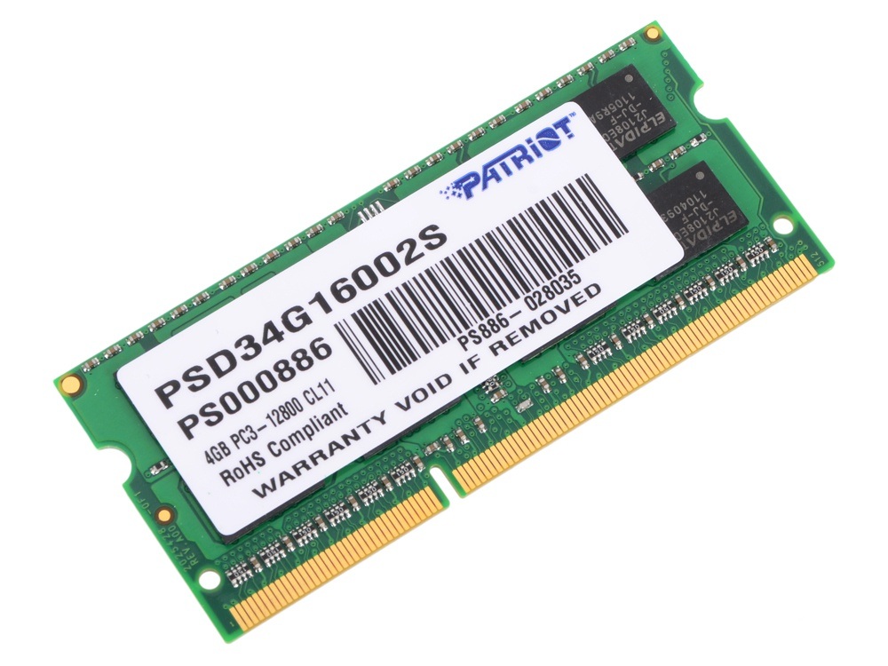 Модуль памяти SODIMM DDR3 4Gb PC12800 1600MHz Patriot (PSD34G16002S)
