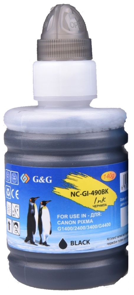 Чернила G&G GG-GI-490BK GI-490 черный пигментный 140мл для Canon Pixma G1400/G2400/G3400/G4400