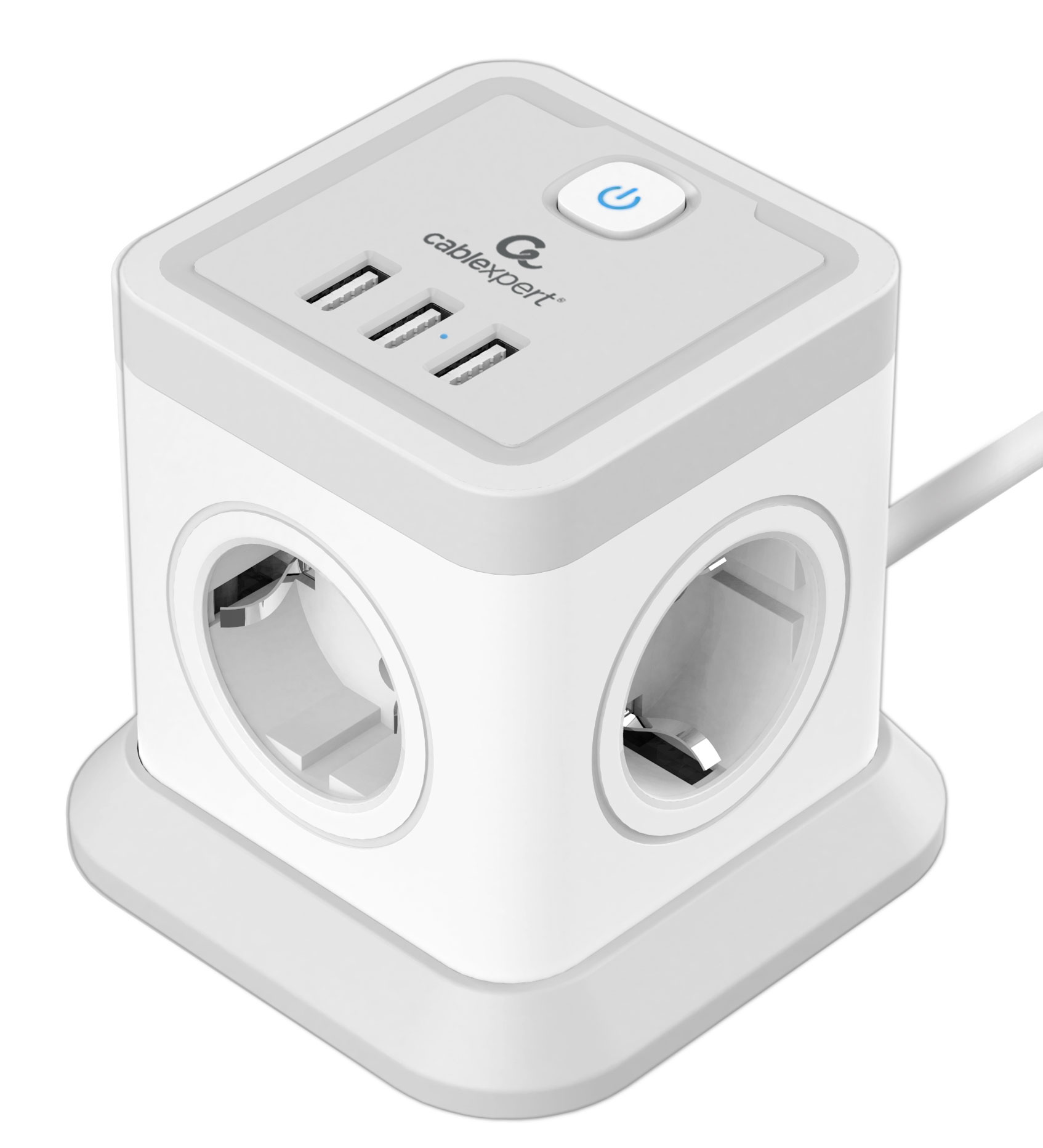 Сетевой фильтр Cablexpert TWR-4-U3-W-2, 2м, 4 розетки, 3xUSB 2.0, 10A, белый