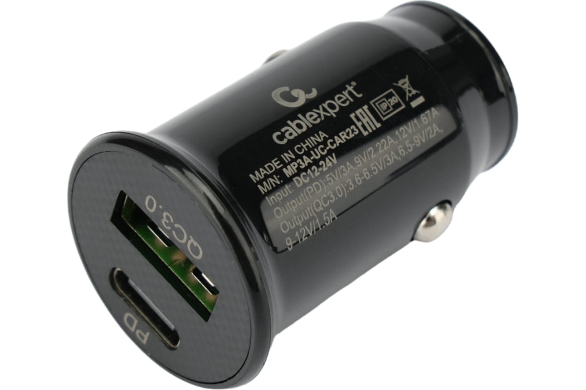 Автомобильное ЗУ Cablexpert MP3A-UC-CAR23 (20 Вт, 9-12 В, 1хUSB, 1хType-C, 3A), QC3.0/PD