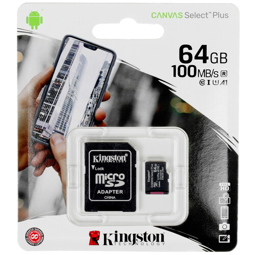 Карта памяти MicroSDXC UHS-I Card 64Gb Kingston Canvas Select Plus Class10 (с адаптером)