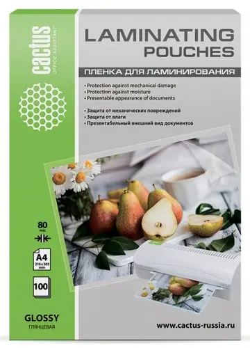 Плёнка для ламинирования А4 Cactus Глянцевая 80мкм 100л (CS-LPGA480100)