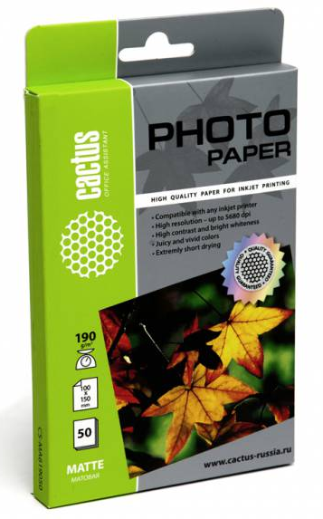 Фотобумага Cactus А6 Матовая 190г/м2 50л 10x15 (CS-MA619050)