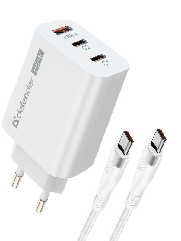 Универсальное СЗУ Defender UPC-60 65W (USB-A, 2xType-C), + кабель Type-C - Type-C