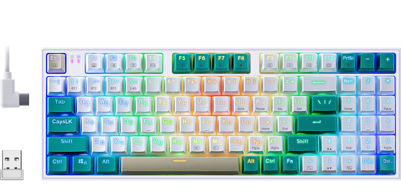 Клавиатура беспроводная механическая Redragon Veigar RU, RGB, BT+2.4G, бело-голубой