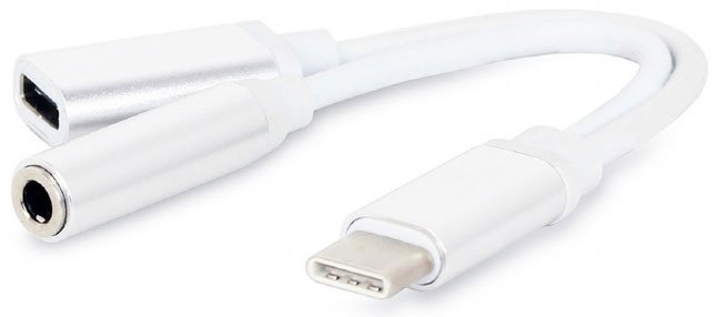 Переходник USB Type-C/Jack3.5F+Type-C(F), Cablexpert, 0.15м, белый CCA-UC3.5F-02-W