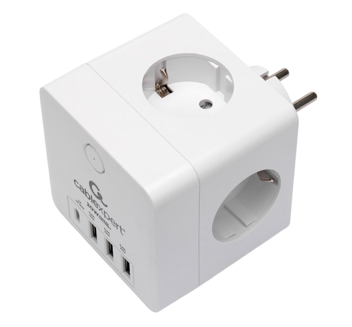 Сетевой фильтр Cablexpert CUBE-4-СU3-W, 4р, 16А, 1xType-C PD, 3хUSB