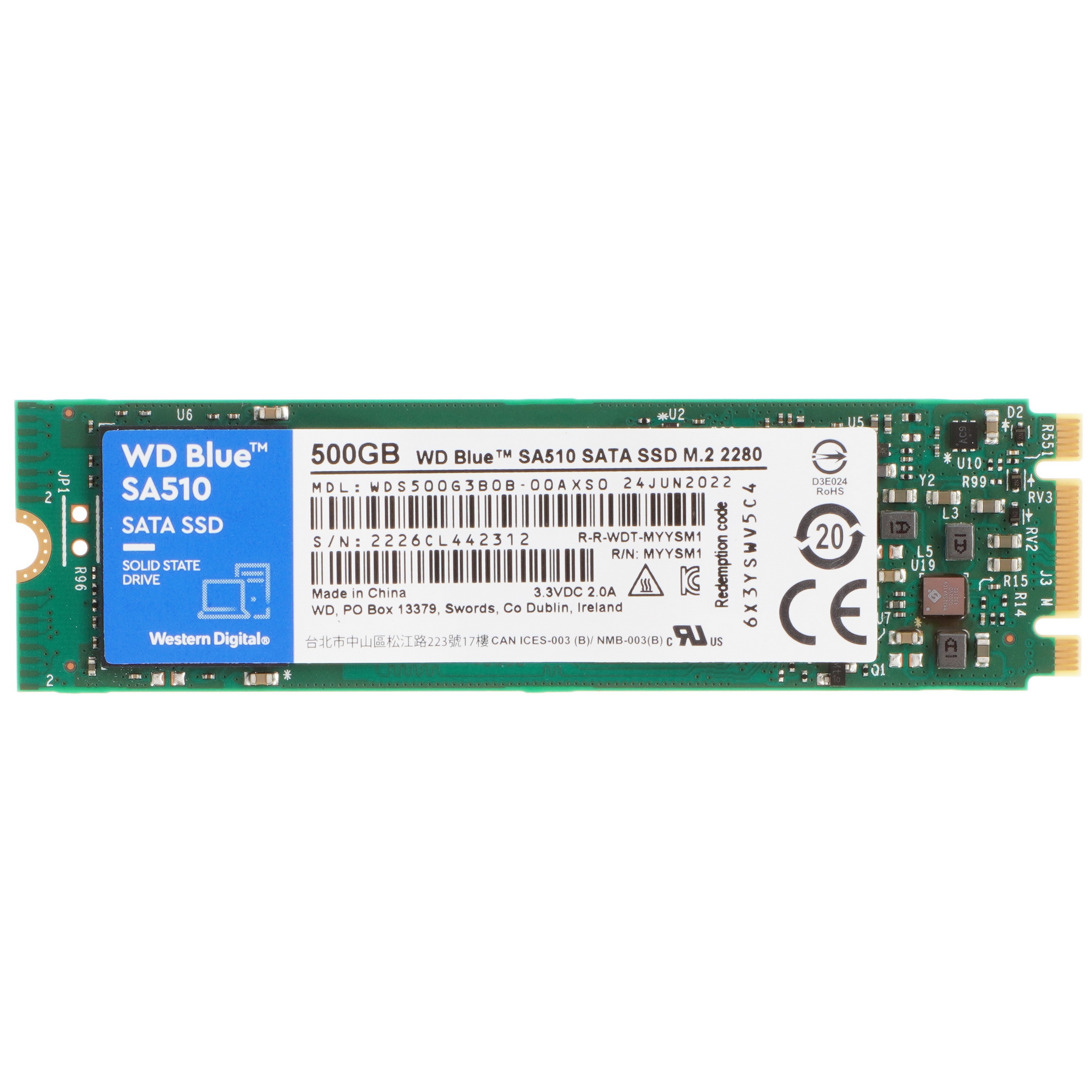 Накопитель SSD M.2 2280 500Gb WD Blue SA510 WDS500G3B0B