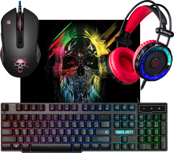 Проводной игровой набор клавиатура + мышь + гарнитура + коврик Defender Singularity MKP-118