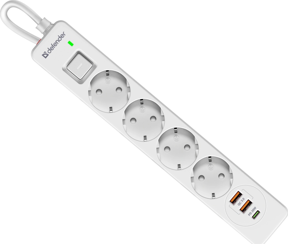 Сетевой фильтр Defender DFS 145 5.0m, USB+Type-C, белый