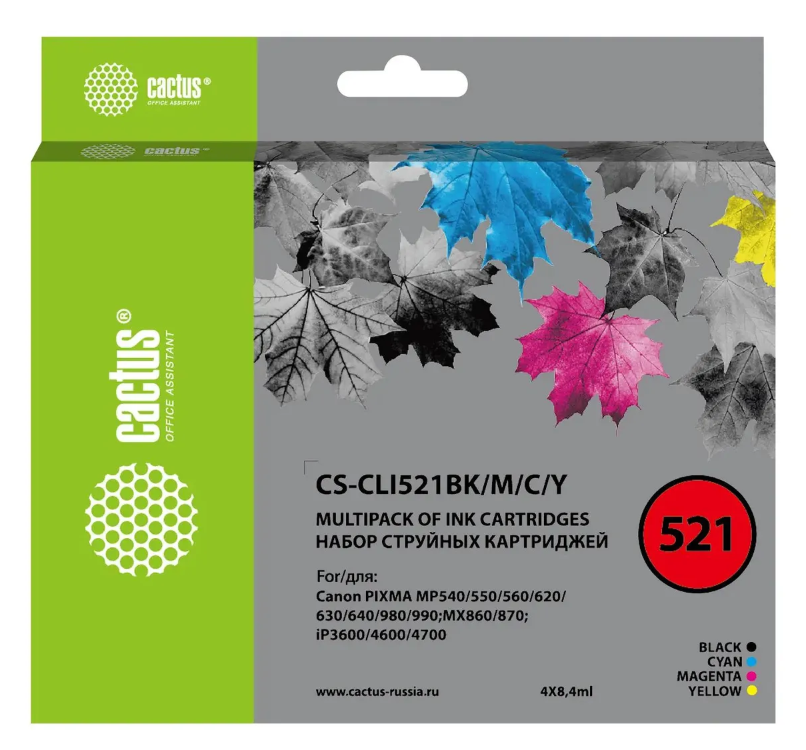 Комплект струйных картриджей Cactus CS-CLI521BK/M/C/Y для Canon MP540, MP550, MP620, MP630, MP640