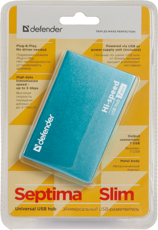 USB-концентратор Defender Septima Slim USB 2.0, 7 портов, БП 5V, 2.0А
