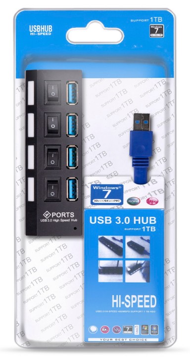 USB-концентратор Smartbuy SBHA-7304-B (4 порта USB 3.0, с выключателями портов), черный