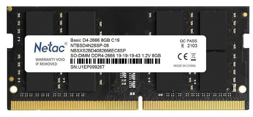Модуль памяти SODIMM DDR4 8Gb PC25600 3200MHz Netac Basic NTBSD4N32SP-08