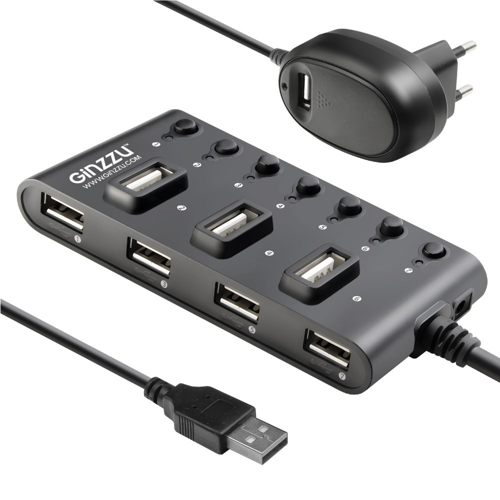 USB-концентратор Ginzzu GR-487UAB (7 портов USB 2.0, БП 5V, 2.1A, с выключателем портов)