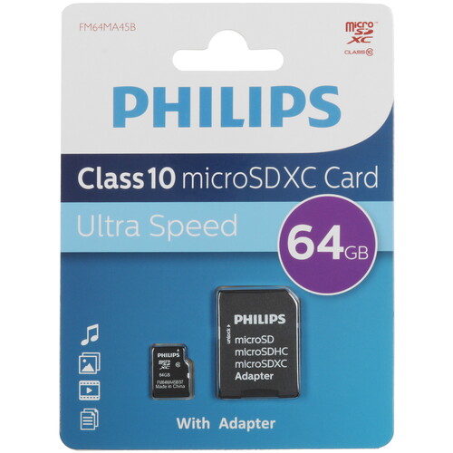Карта памяти MicroSDXC Card 64Gb Philips Class 10 (c адаптером) (FM64MA45B/97)