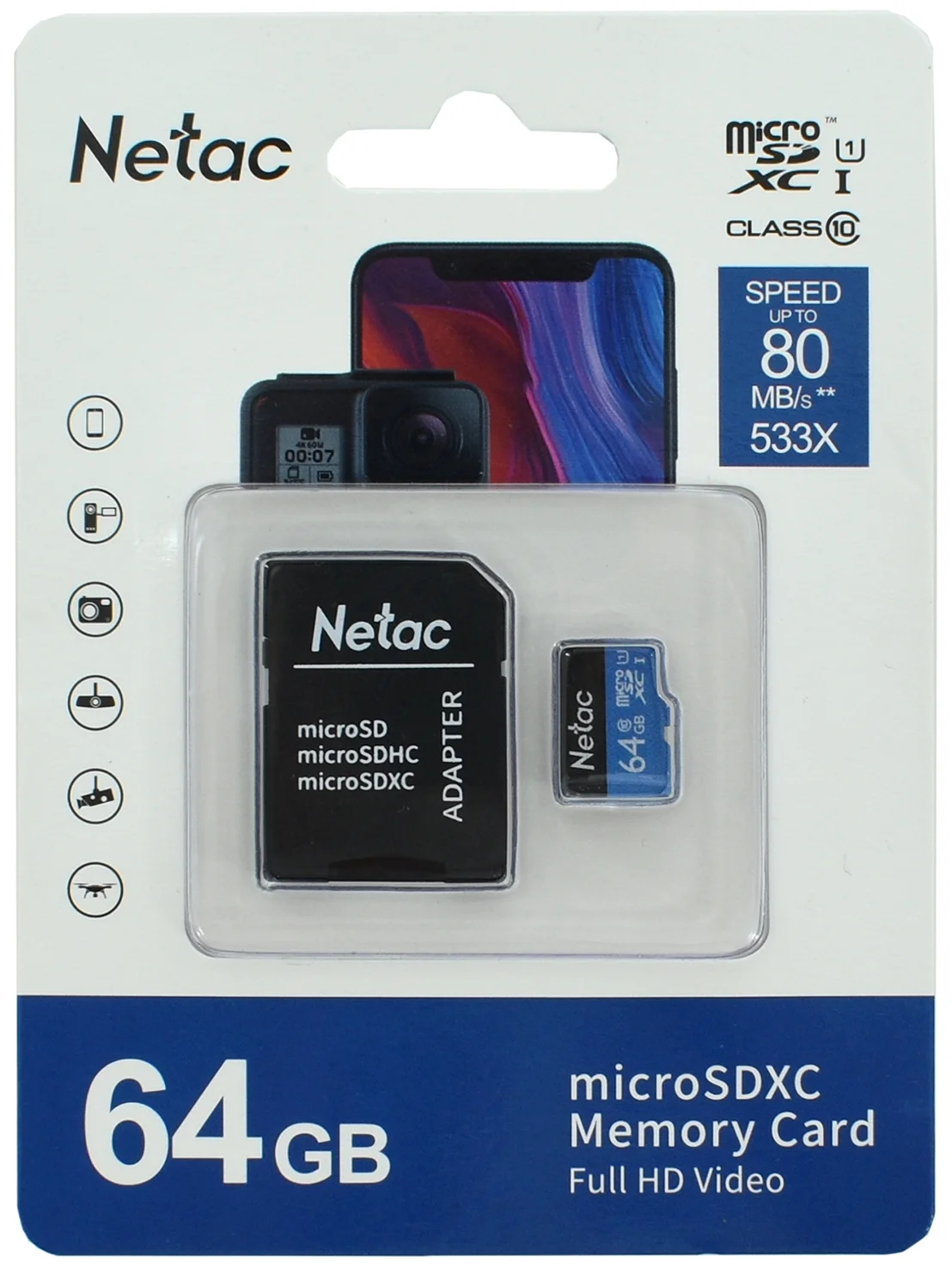 Карта памяти microSDXC UHS-I Card 64Gb Netac P500 (NT02P500STN-064G-R) (с адаптером)
