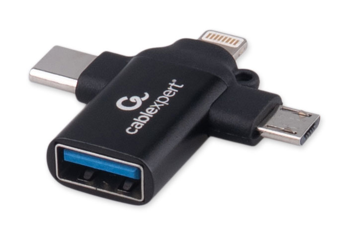 Переходник USB OTG, AF/Type-C(M)+MicroUSB(M)+Lightning(M) Cablexpert A-USB3.1-AF-3in1