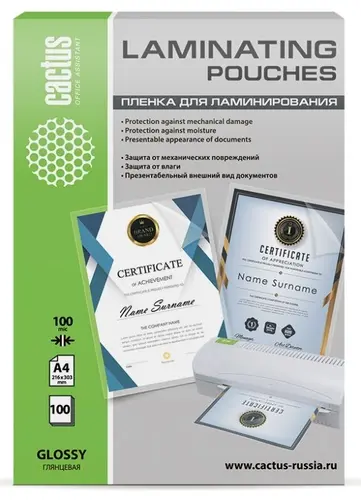 Плёнка для ламинирования А4 Cactus Глянцевая 100мкм 100л (CS-LPGA4100100)