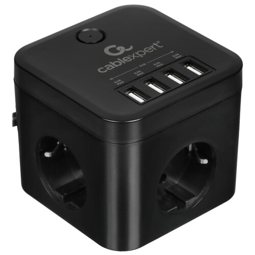 Сетевой фильтр Cablexpert CUBE-3-U4-B-1.5, 3р, 10А, 4хUSB, 1.5м