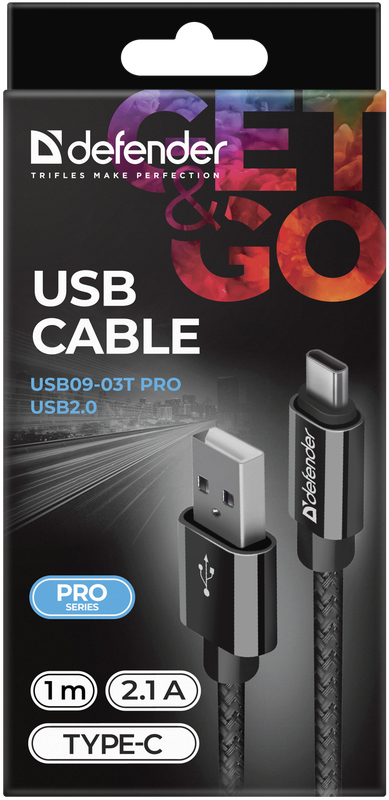 Кабель Type-C Defender USB09-03T PRO черный, 1м, 2.1A