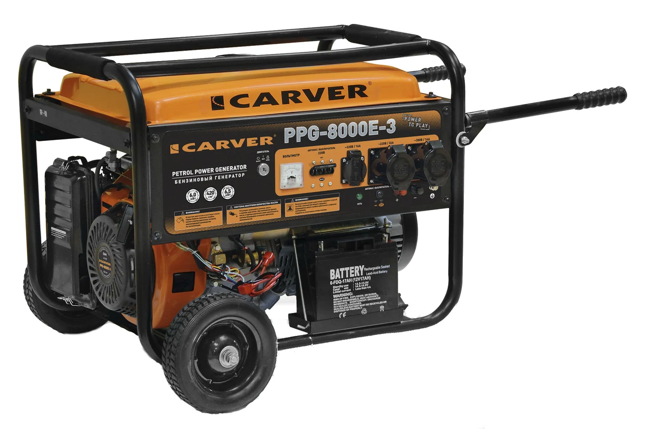 Генератор бензиновый CARVER PPG- 8000E-3, 380/220/12 В, 6кВт, на колёсах с АКБ