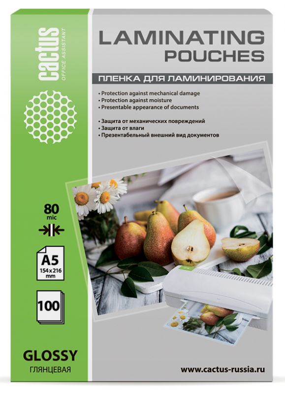 Плёнка для ламинирования А5 Cactus Глянцевая 80мкм 100л (CS-LPGA580100)