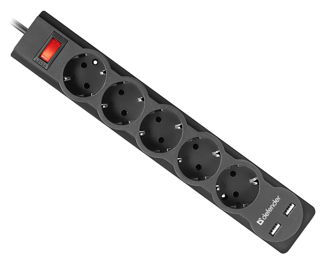 Сетевой фильтр Defender DFS 753, 3.0м, 2xUSB, 2.1A, 5 розеток