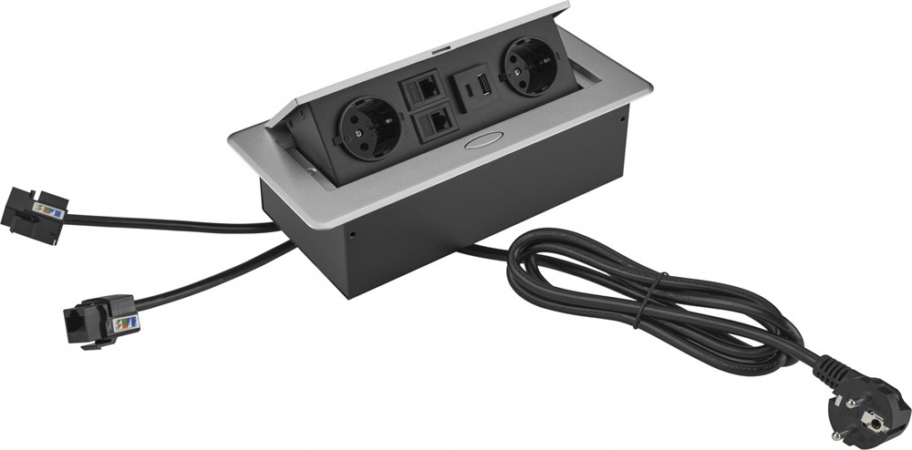 Розетка Cactus CS-SOCKET-EU2-USBA/C-NET, для столешницы, 26.5x11.8x6.5см, серый
