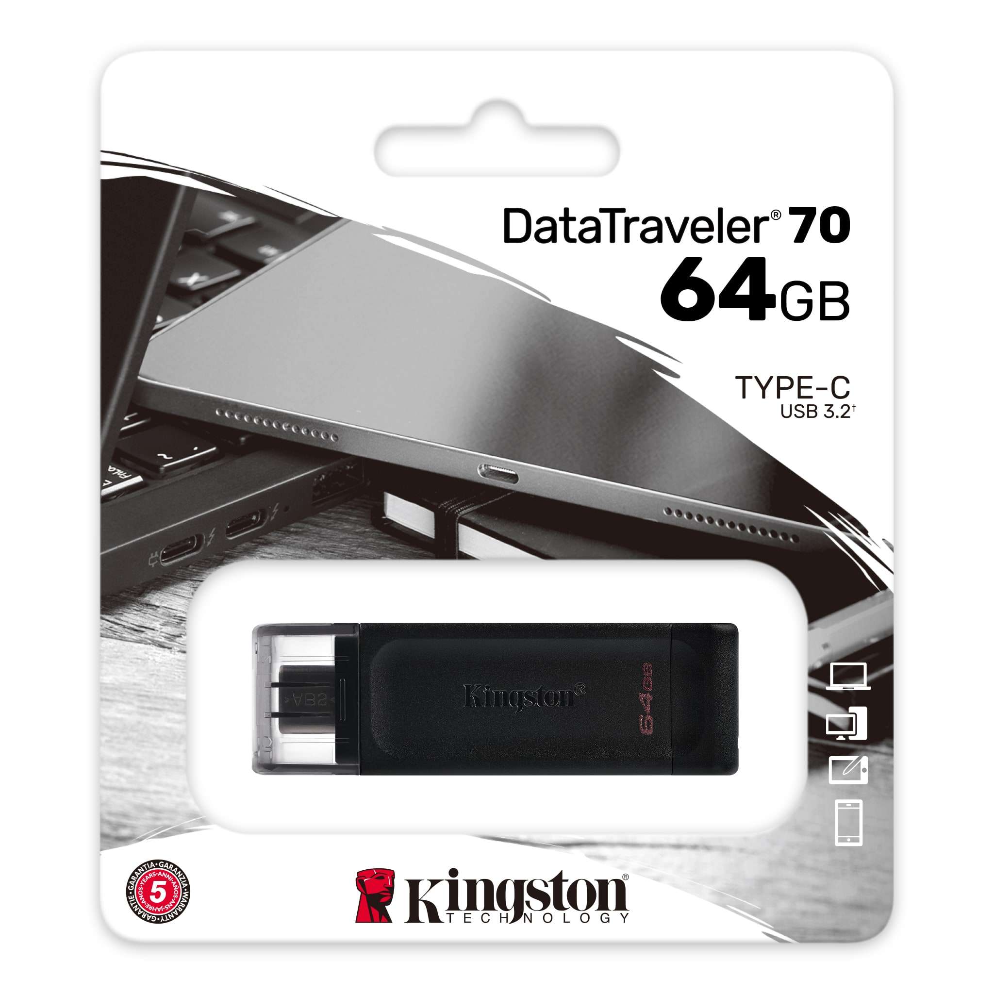 Флеш накопитель 64Gb USB Type C 3.2 Kingston DataTraveler 70, черный (DT70/64GB)