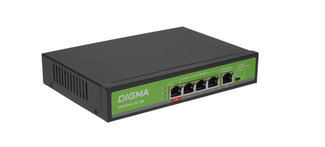 Коммутатор Digma DSP204G-1G-T80, 5port, PoE