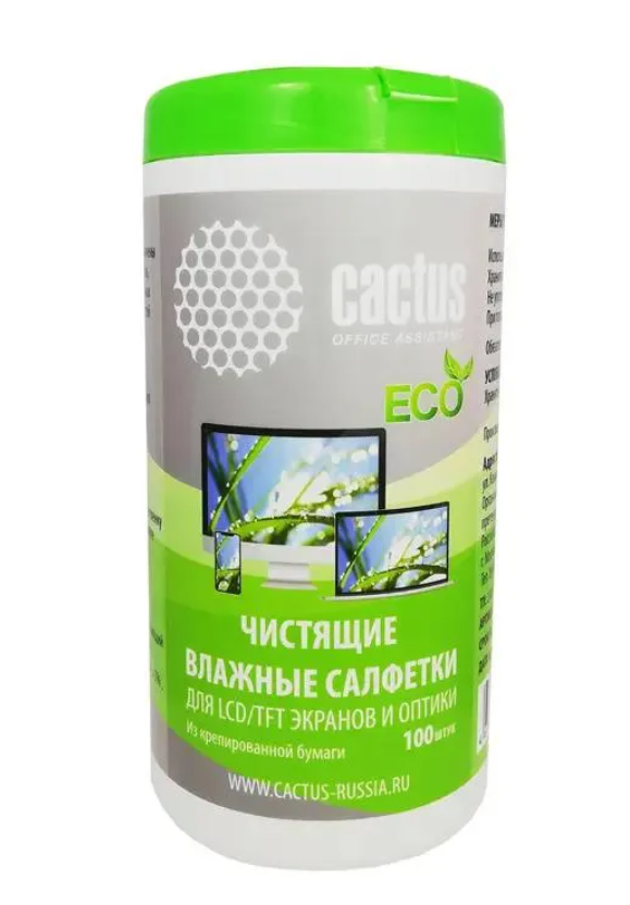 Чистящие салфетки Cactus CS-1001PE для экранов и оптики туба 100шт влажных