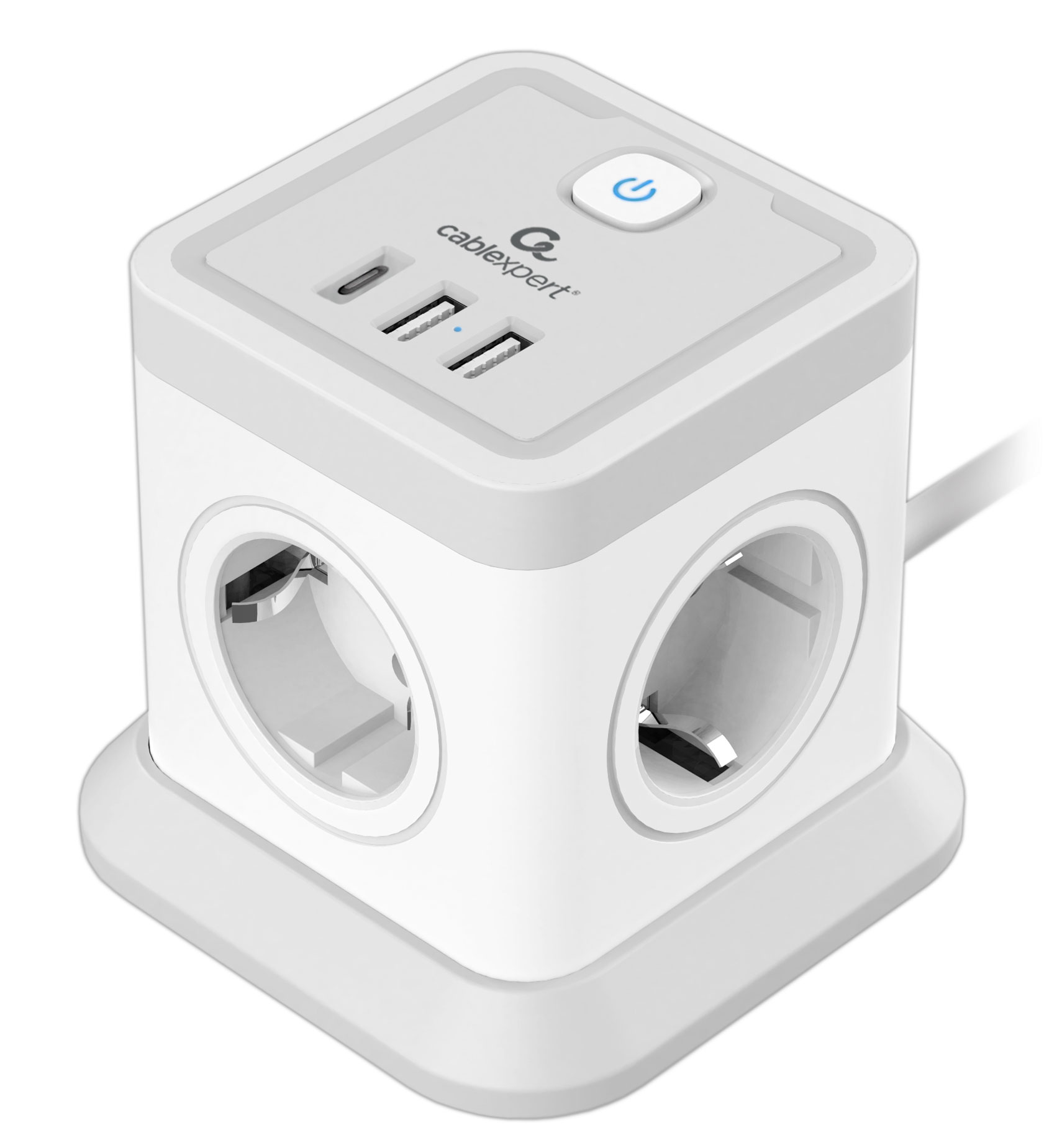 Сетевой фильтр Cablexpert TWR-4-CU2-W-2, 2м, 4 розетки, 2xUSB 2.0, 1xType-C, 10A, белый