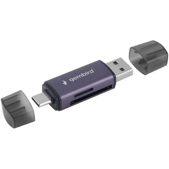 Картридер внешний OTG Gembird FD2-MSD-6 (SD, TF (MicroSD)), Type-C/USB, алюминий