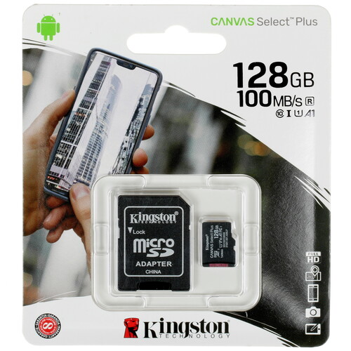 Карта памяти MicroSDXC UHS-I Card 128Gb Kingston Canvas Select Plus Class 10 (с адаптером)