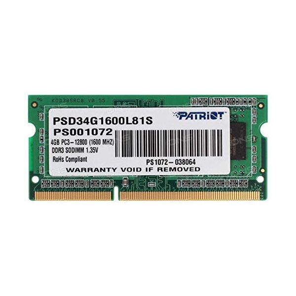Модуль памяти SODIMM DDR3L 4Gb PC12800 1600MHz Patriot (PSD34G1600L81S)