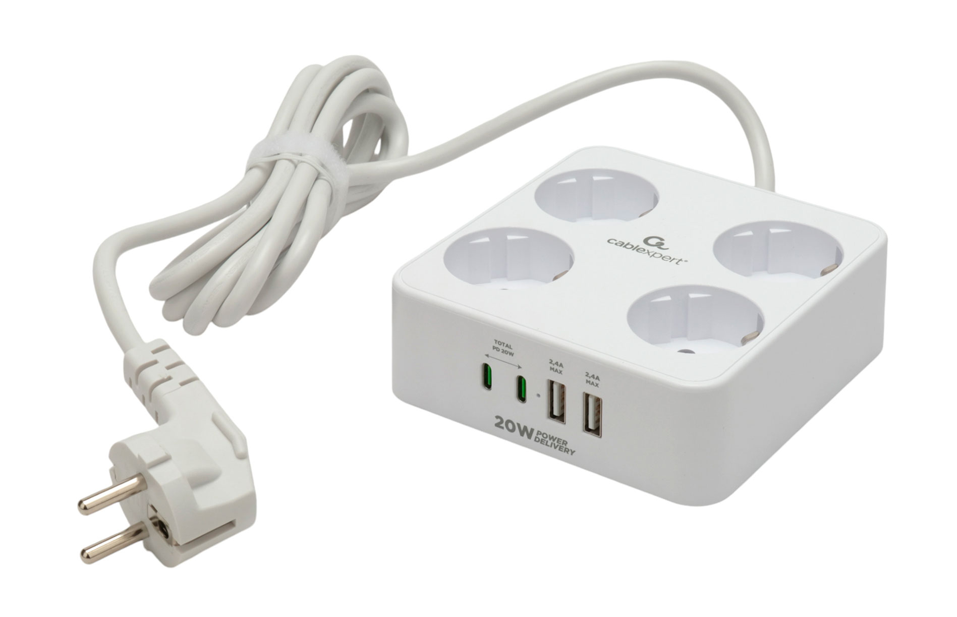 Сетевой фильтр Cablexpert Plate,PLT-4-C2U2-W-3, 4р, 2xType-C, 2хUSB, 3м, белый