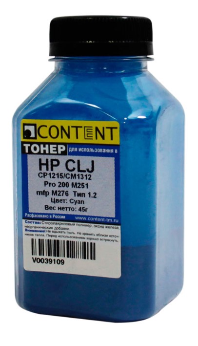 Тонер Content для HP CLJ CP1215/CM1312/Pro 200 M251/mfp M276 Тип 1.2, Cyan 45гр