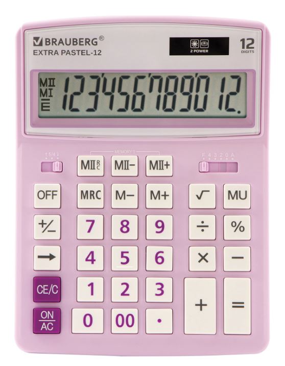 Калькулятор настольный BRAUBERG EXTRA PASTEL-12-PR (206×155 мм),12раз,СИРЕНЕВЫЙ,250489