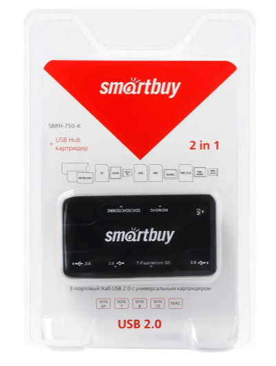 Картридер внешний Smartbuy SBRH-750-K, USB 2.0 и USB Концентратор (3 порта USB 2.0), черный