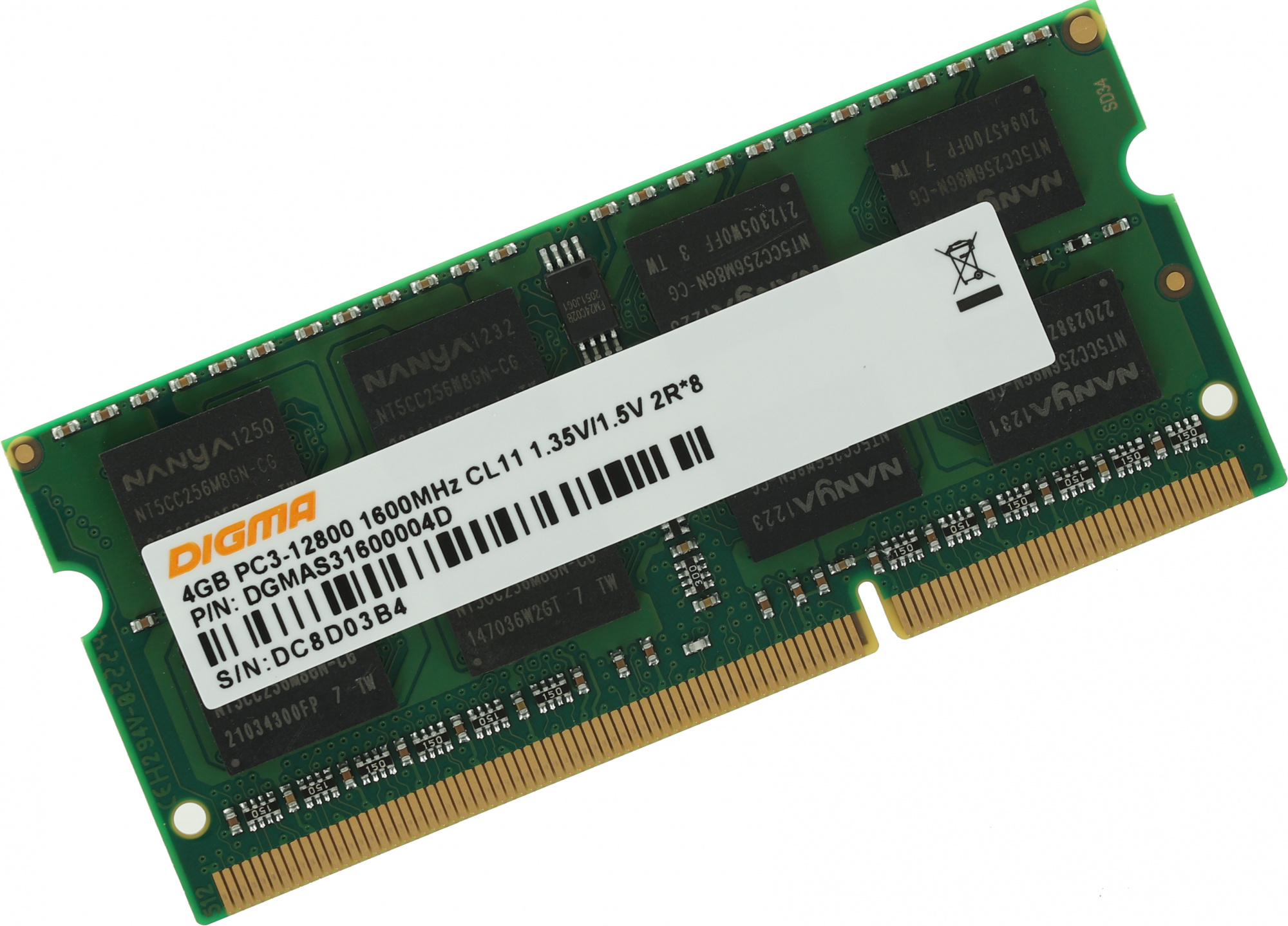 Модуль памяти SODIMM DDR3 4Gb PC12800 1600MHz Digma DGMAS31600004D